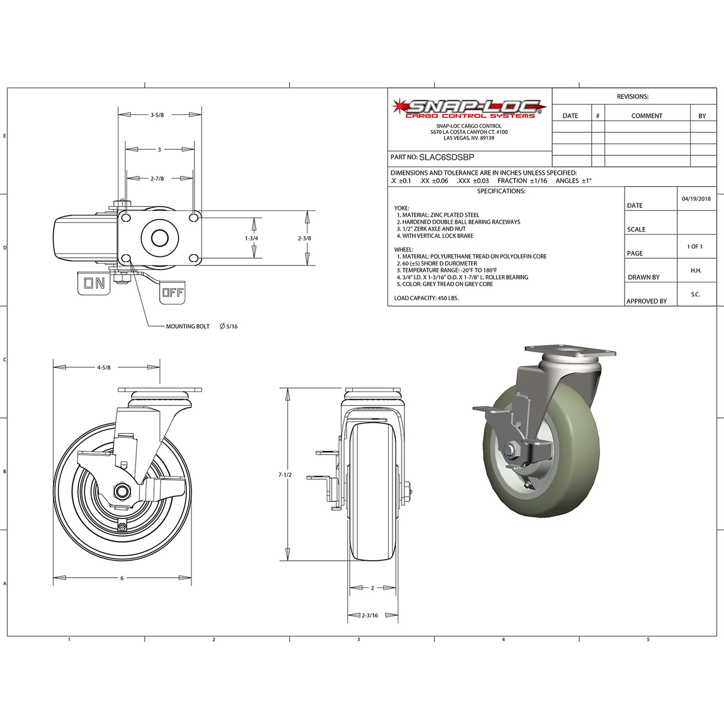 Snap-Loc 450 lb 6” Super-Duty Polyurethane Caster – Swivel with Brake