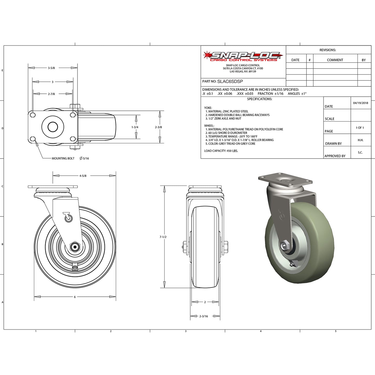 Snap-Loc 450 lb 6” Super-Duty Polyurethane Caster – Swivel
