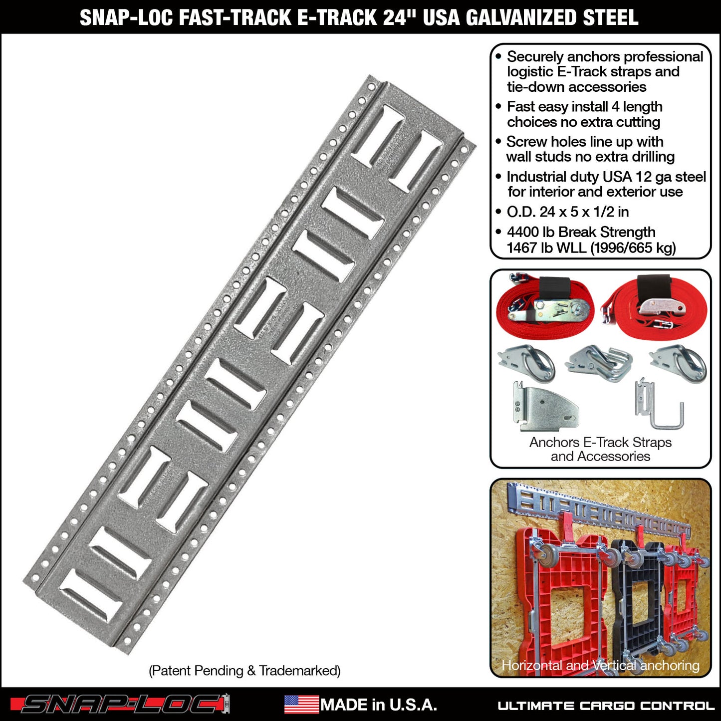 Snap-Loc Fast-Track E-Track 24 Inch USA Galvanized Steel Horizontal Vertical