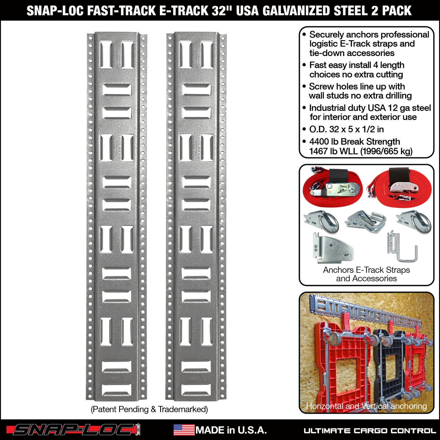 Snap-Loc Fast-Track E-Track 32 Inch USA Galvanized Steel Horizontal Vertical (2 Pack)