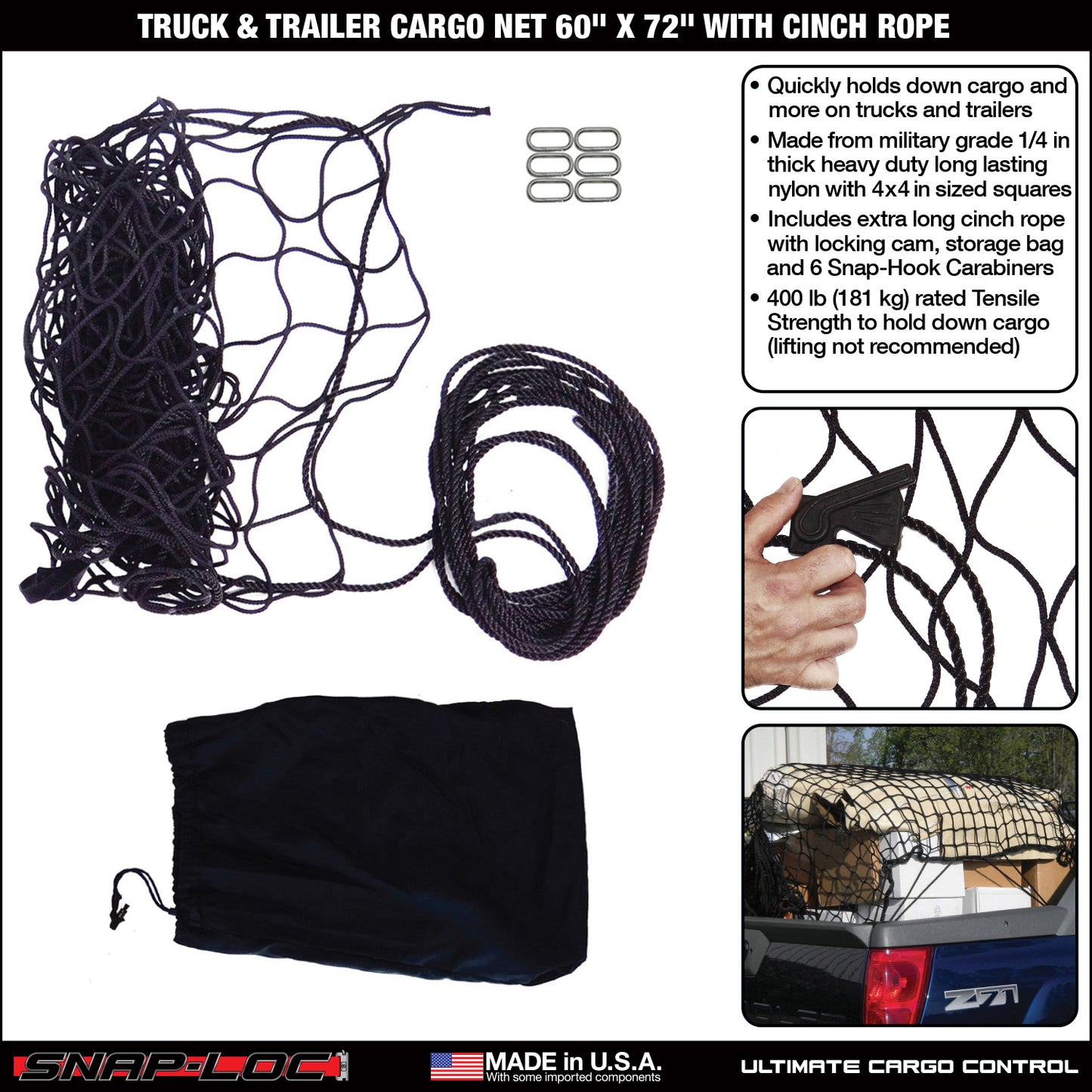 Snap-Loc Cargo Net 60” x 72” with Cinch Rope – Logistic Tie-Down