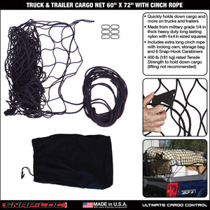 SNAP-LOC Truck Trailer Cargo Net 60 x 72 Inch with Cinch Rope