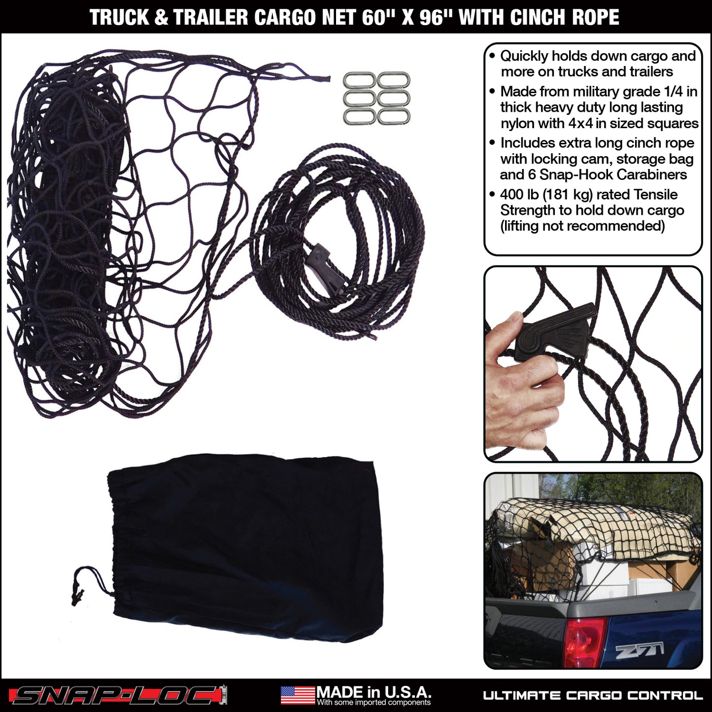 Snap-Loc Cargo Net 60” x 96” with Cinch Rope – Logistic Tie-Down