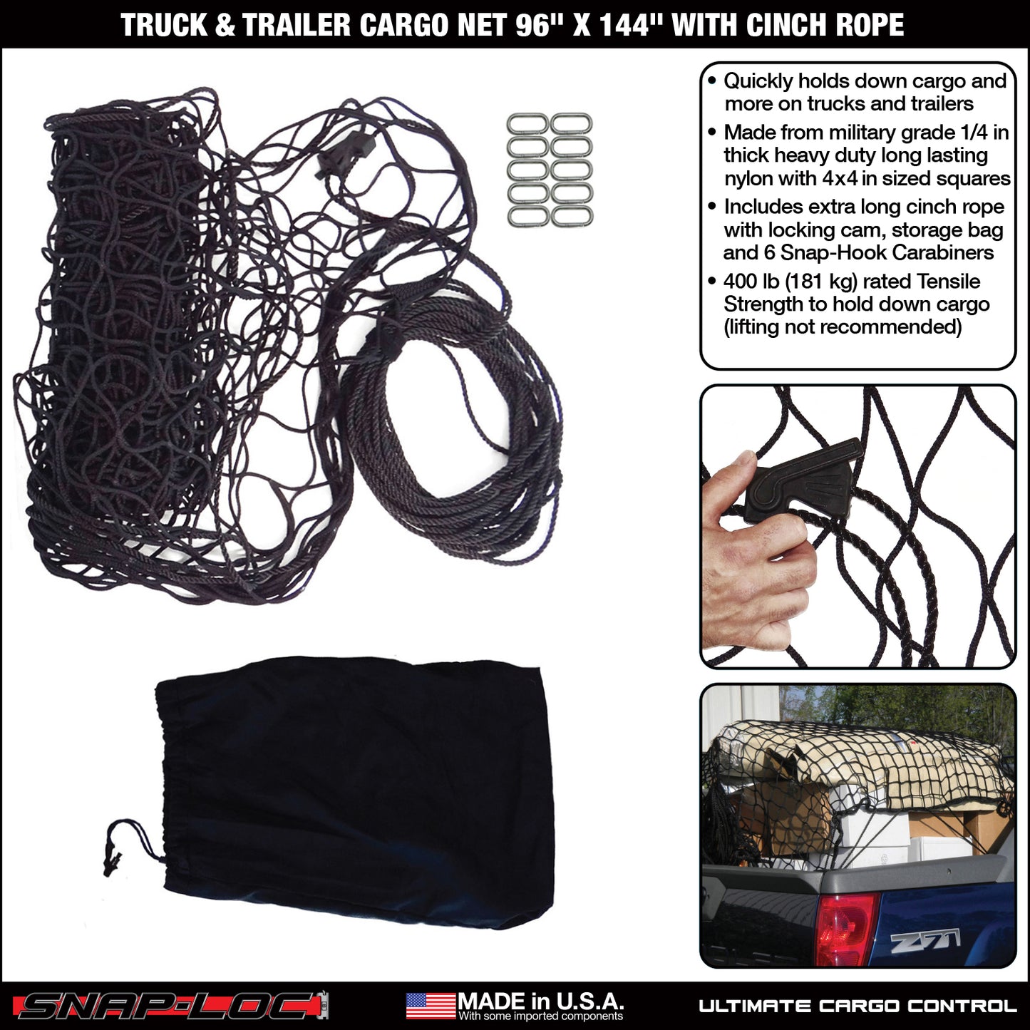 Snap-Loc Cargo Net 96” x 144” with Cinch Rope – Logistic Tie-Down