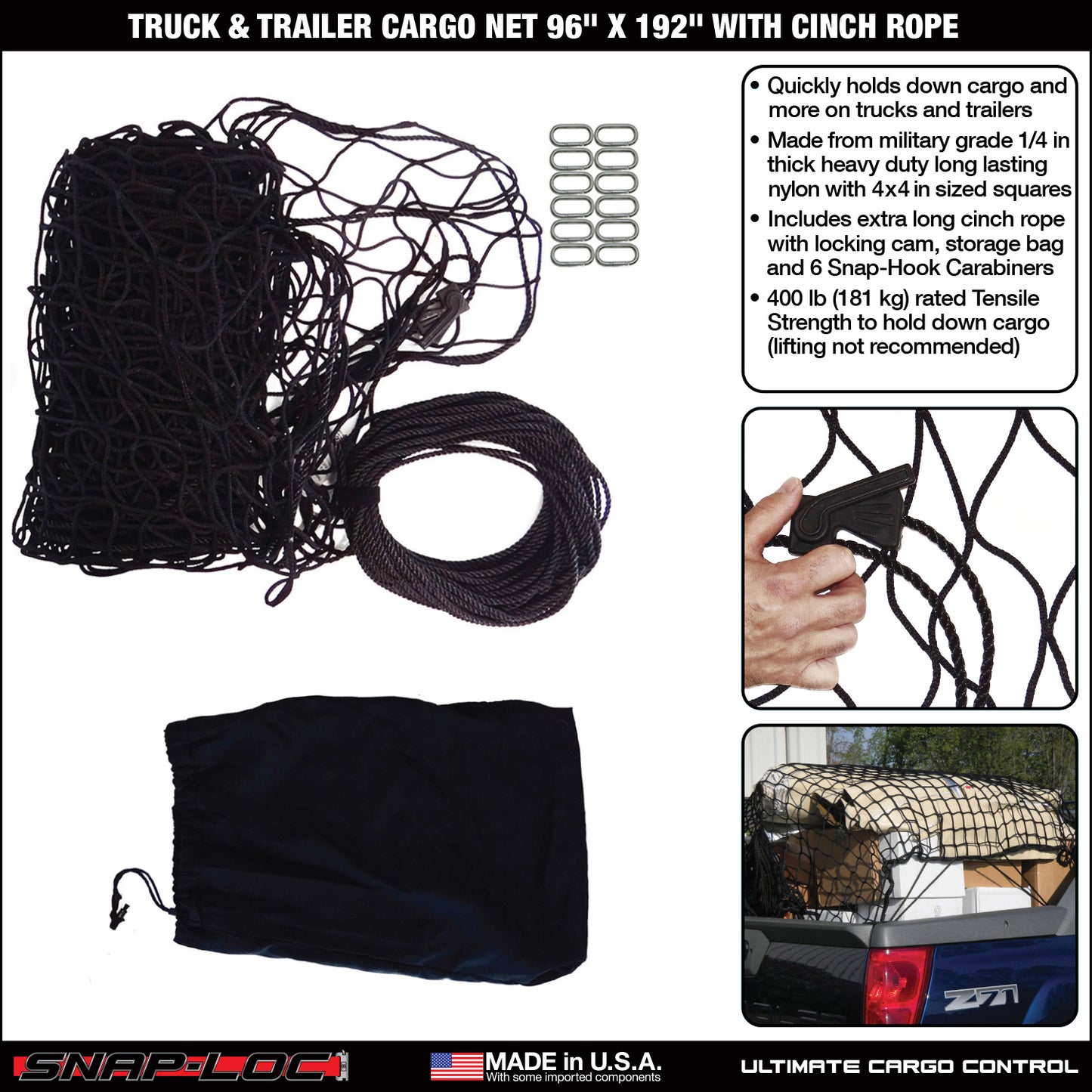 Snap-Loc Cargo Net 96” x 192” with Cinch Rope – Logistic Tie-Down