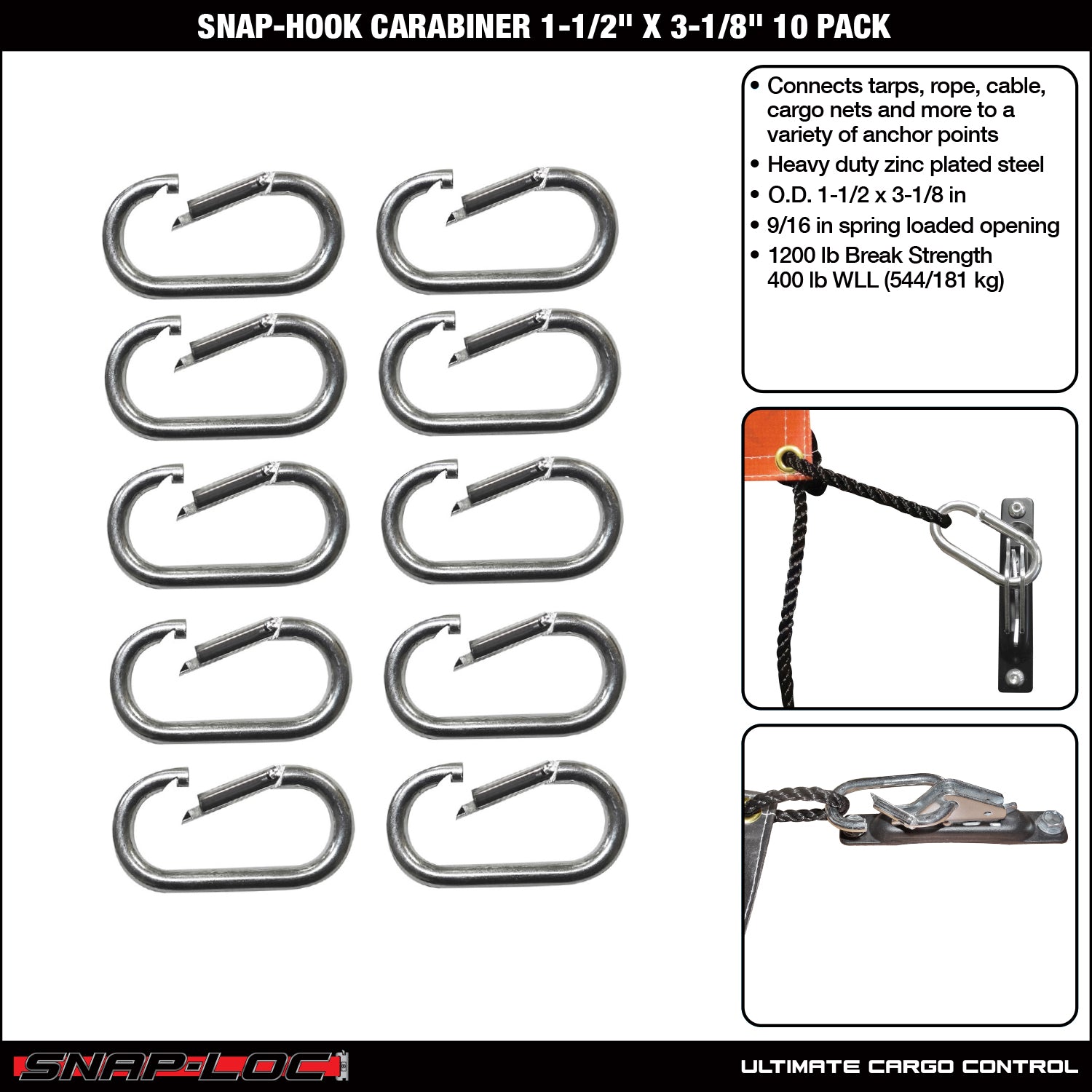 Snap-Hook Carabiner 1-1/2 x 3-1/8 Inch 10-Pack – SNAP-LOC CARGO CONTROL