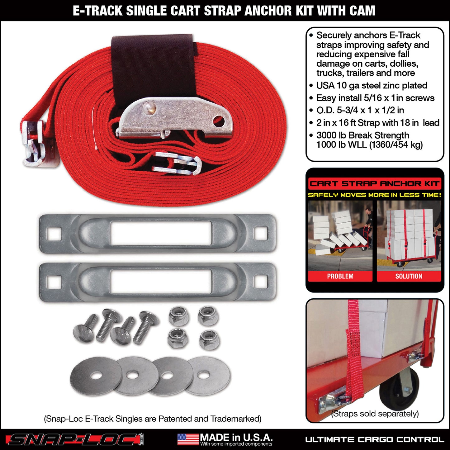 Snap-Loc E-Track Single Cart Strap Anchor Kit – 2” x 16 ft Cam Strap, 3,000 lb