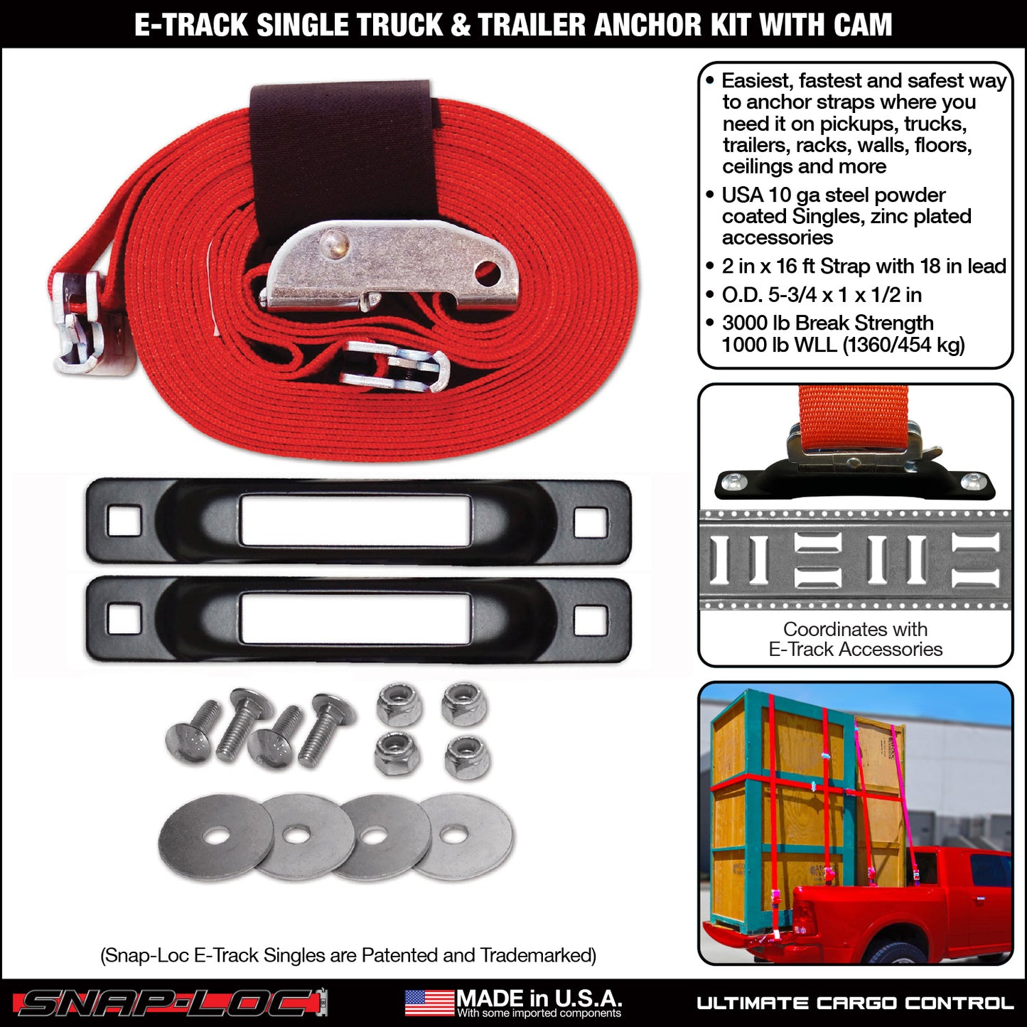 Snap-Loc E-Track Single Truck & Trailer Anchor Kit – 2” x 16 ft Cam Strap, 3,000 lb