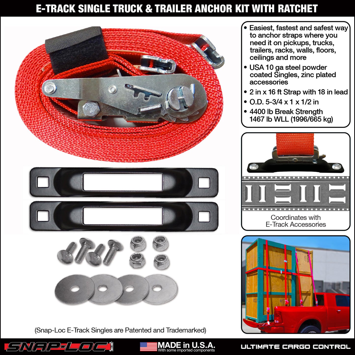 Snap-Loc E-Track Single Truck & Trailer Anchor Kit – 2” x 16 ft Ratchet Strap, 4,400 lb