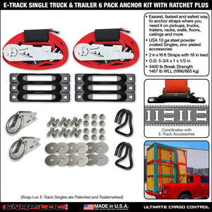 SNAP-LOC E-Track Single Truck Trailer 6-Pack Tie-Down Anchor Kit with 2 in x 16 ft Ratchet Straps 4,400 lb Plus Rings Hooks
