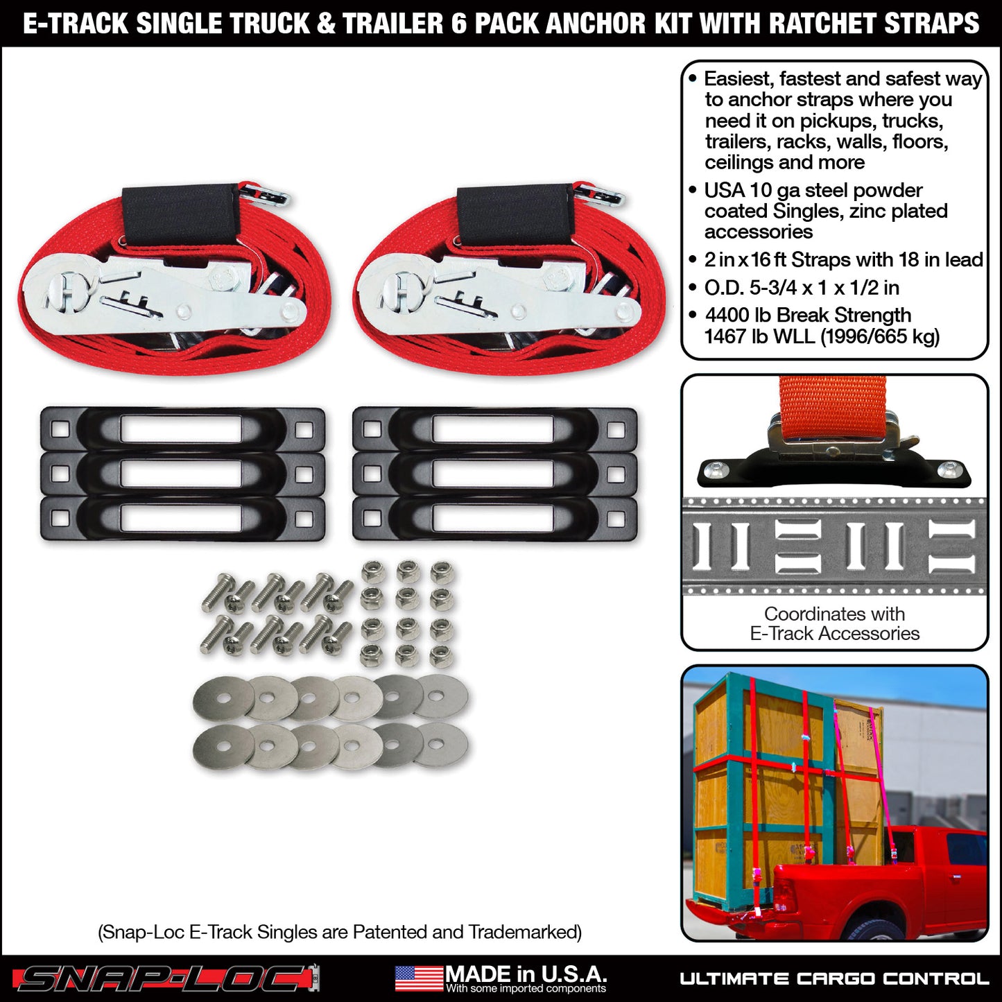 Snap-Loc E-Track Single Truck & Trailer Anchor Kit – 6-Pack with 2” x 16 ft Ratchet Straps, 4,400 lb