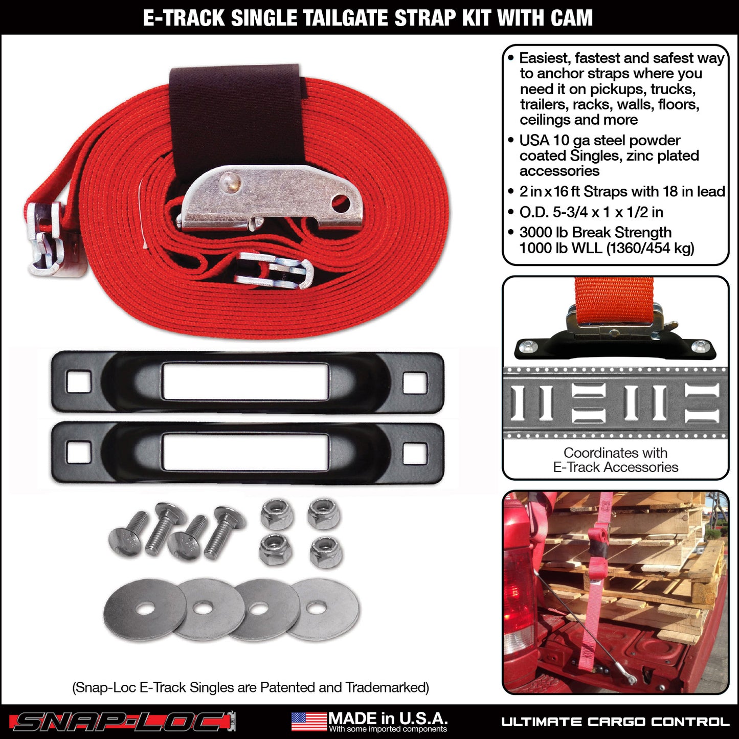 Snap-Loc E-Track Single Tailgate Strap Anchor Kit – 2” x 16 ft Cam Strap, 3,000 lb