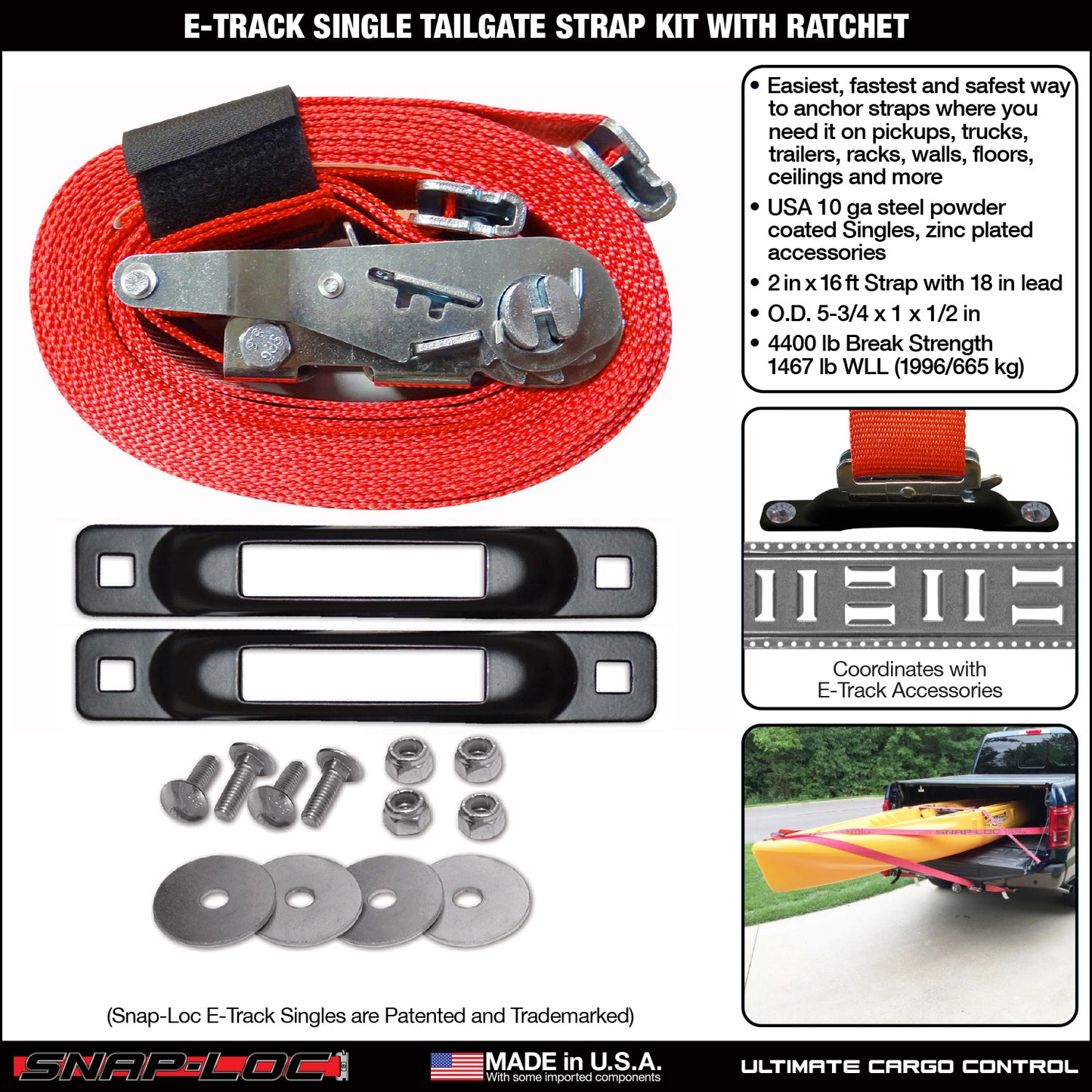 Snap-Loc E-Track Single Tailgate Strap Anchor Kit – 2” x 16 ft Ratchet Strap, 4,400 lb