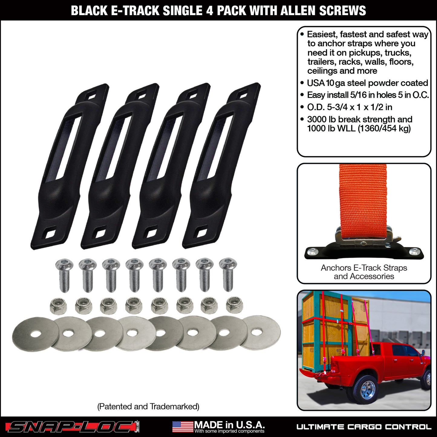 Snap-Loc E-Track Single Anchor – Black 4-Pack with Allen Screws, Logistic Tie-Down