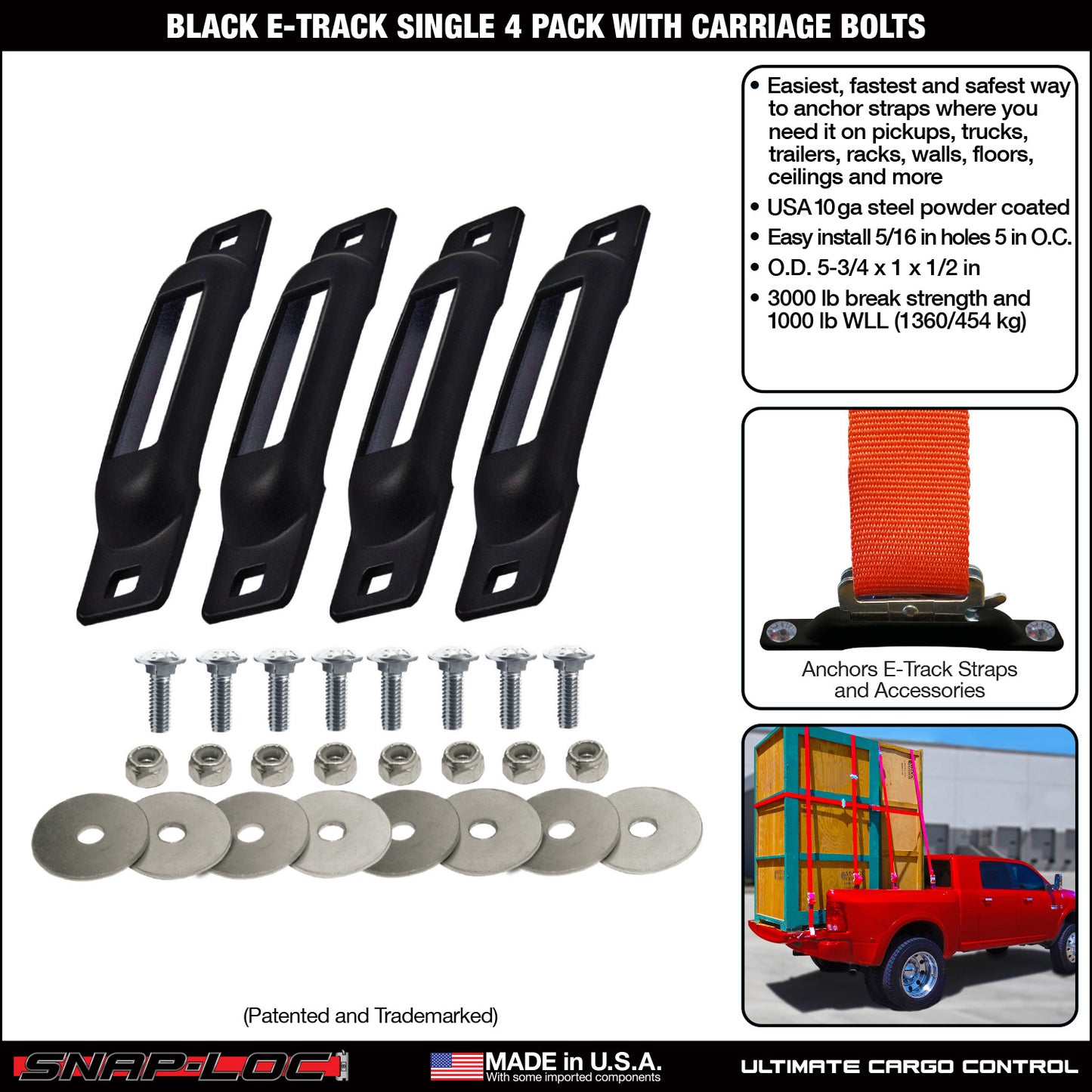 Snap-Loc E-Track Single Anchor – Black 4-Pack with Carriage Bolts, Logistic Tie-Down