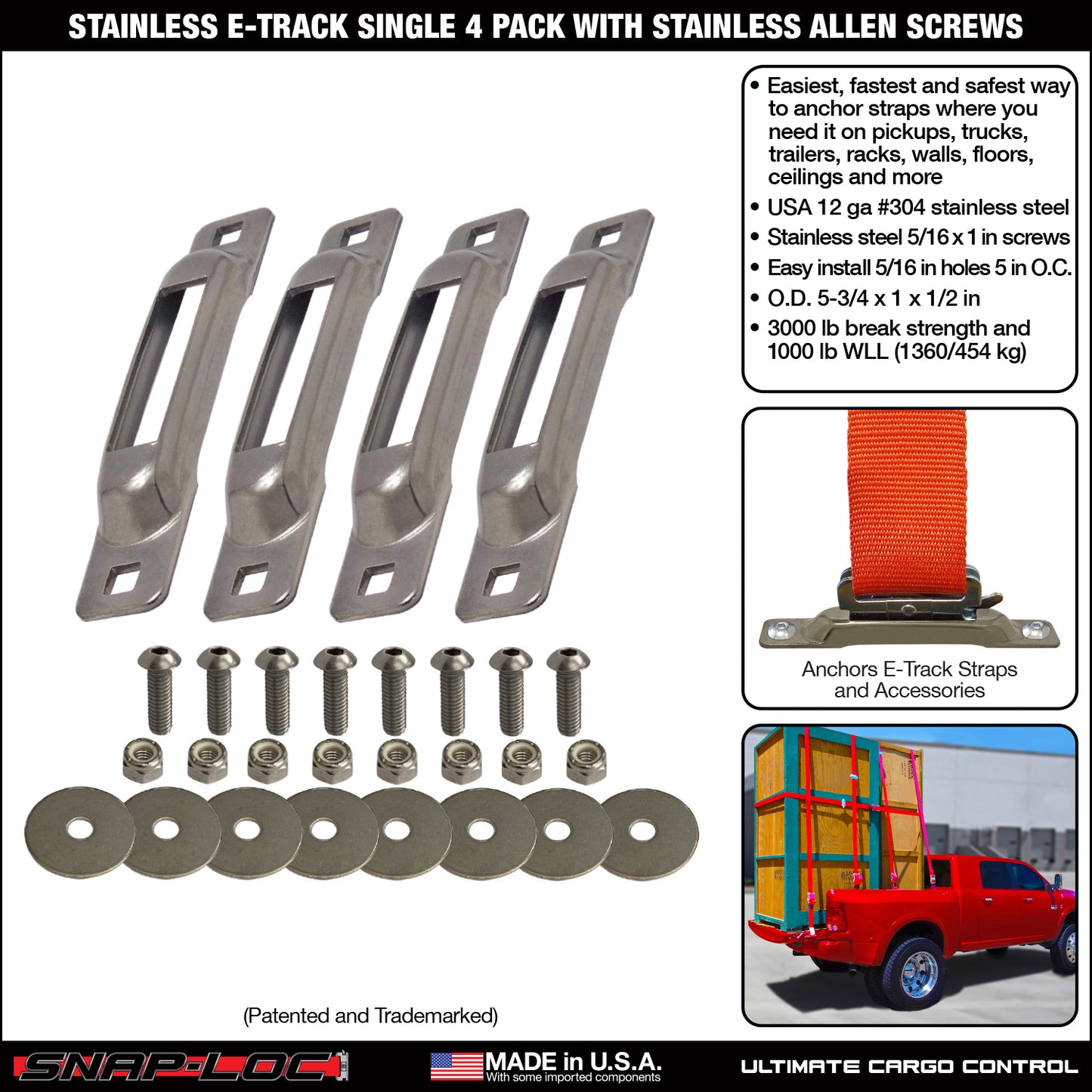 Snap-Loc E-Track Single Anchor – Stainless 4-Pack with Allen Screws, Logistic Tie-Down