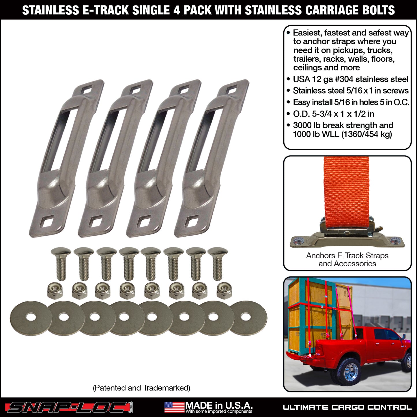 Snap-Loc E-Track Single Anchor – Stainless 4-Pack with Carriage Bolts, Logistic Tie-Down