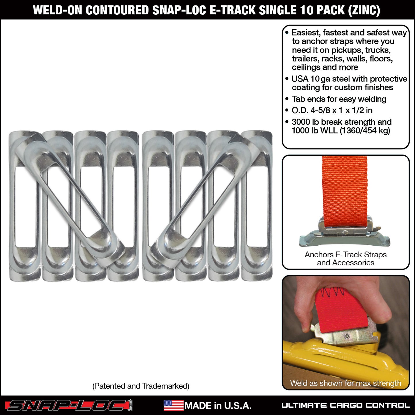 Snap-Loc E-Track Single Anchor – Weld-On Contoured Zinc 10-Pack with Zinc Rust Protection, Logistic Tie-Down