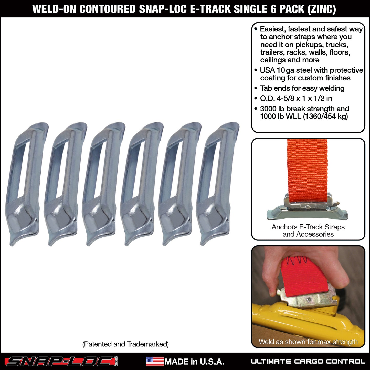Snap-Loc E-Track Single Anchor – Weld-On Contoured Zinc 6-Pack with Zinc Rust Protection, Logistic Tie-Down