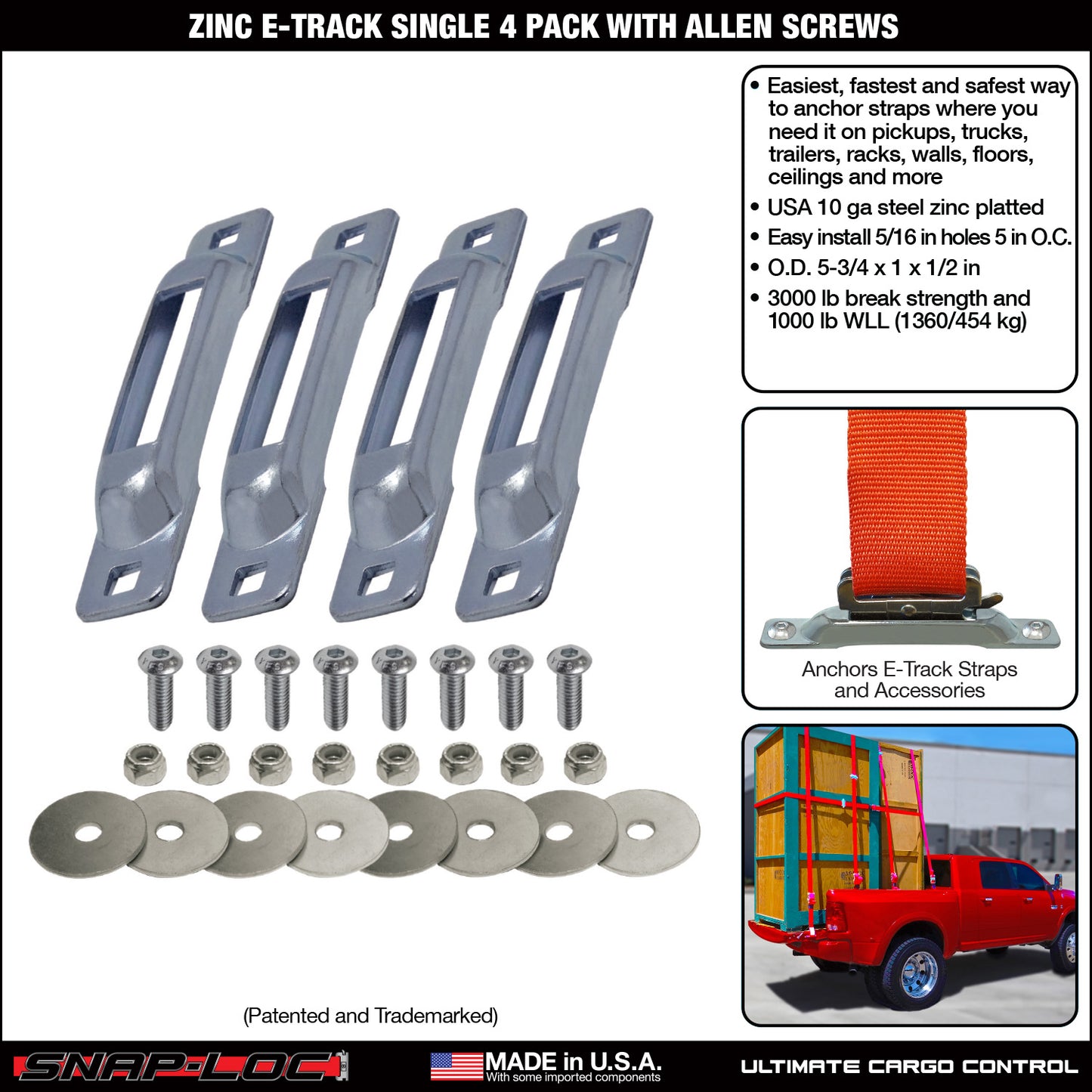 Snap-Loc E-Track Single Anchor – Zinc 4-Pack with Allen Screws, Logistic Tie-Down
