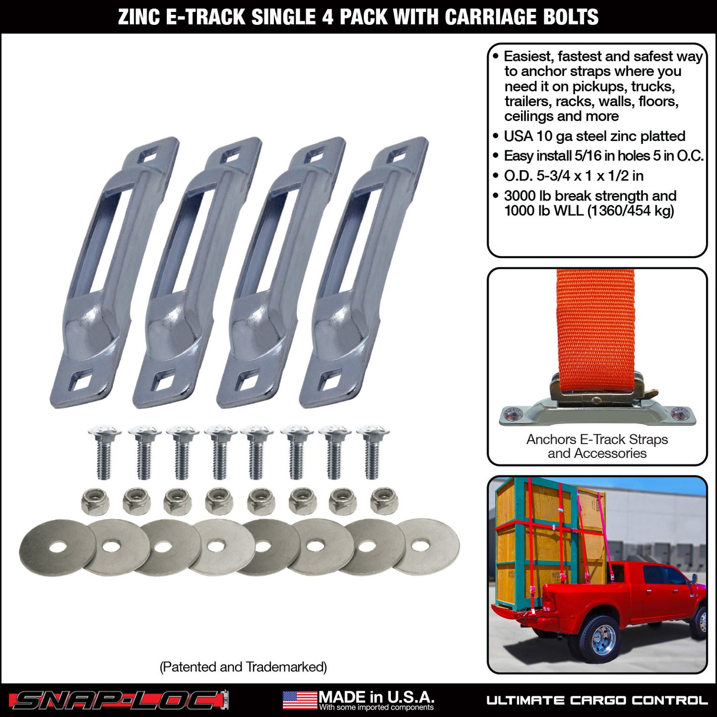 Snap-Loc E-Track Single Anchor – Zinc 4-Pack with Carriage Bolts, Logistic Tie-Down