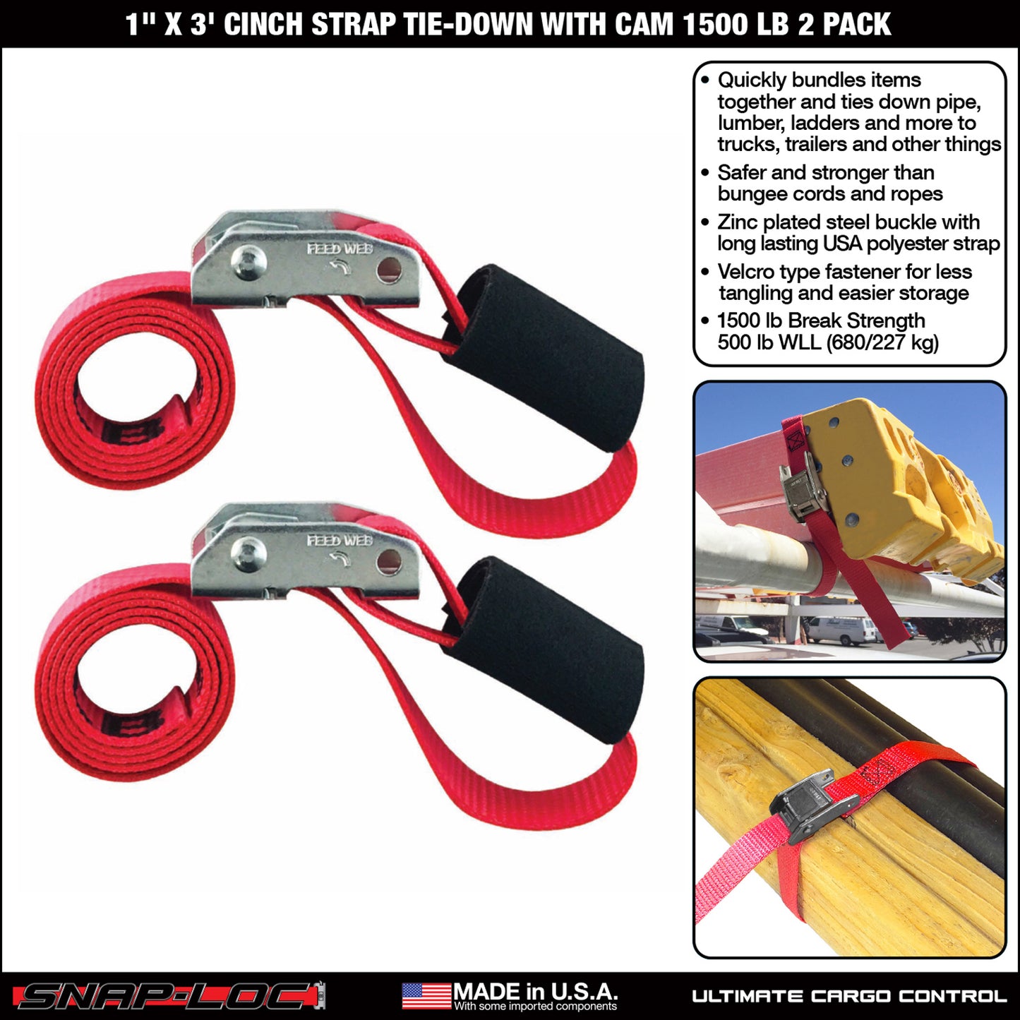 Snap-Loc 1 in x 3 ft Cinch Cam Strap – 1,500 lb – 2-Pack