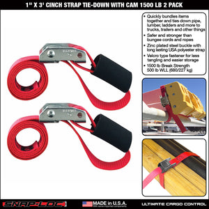 SNAP-LOC 1 in x 3 ft Cinch Strap Cam Tie-Down 1,500 lb 2-Pack
