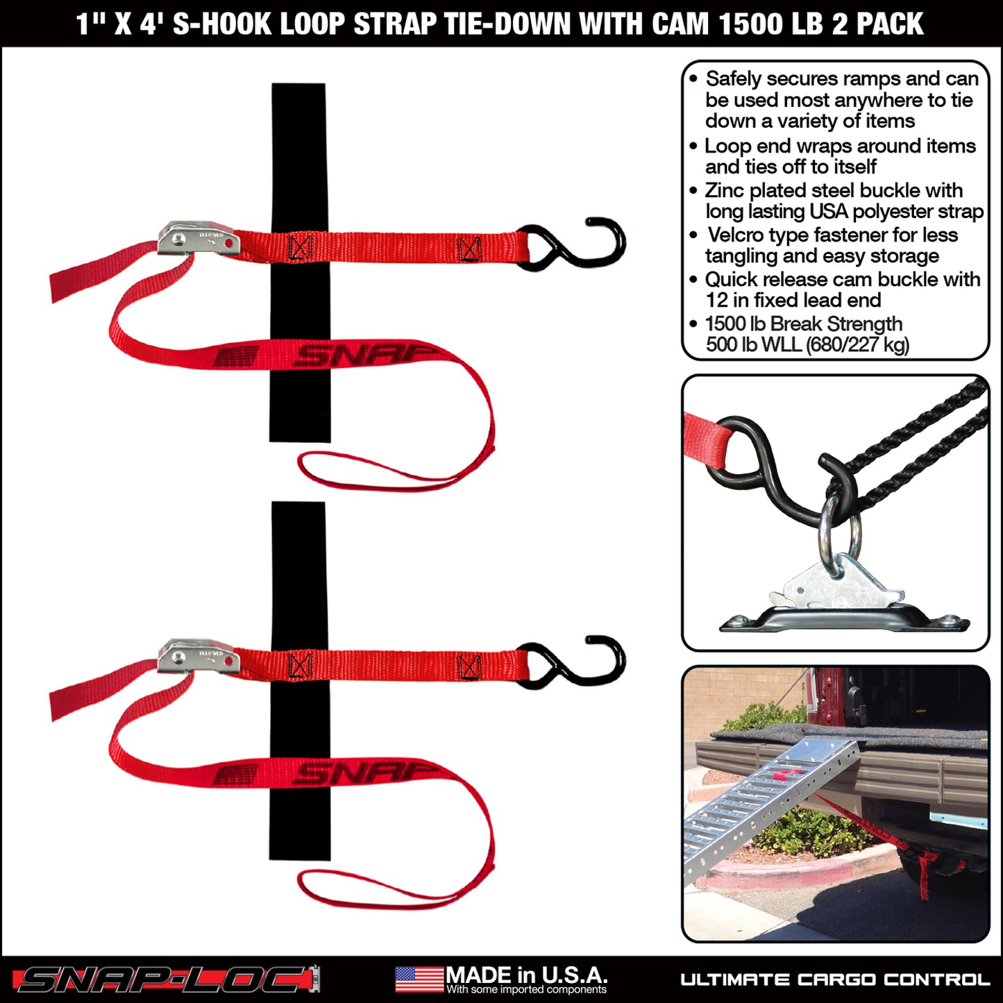 Snap-Loc 1 in x 4 ft S-Hook Loop Cam Strap – 1,500 lb