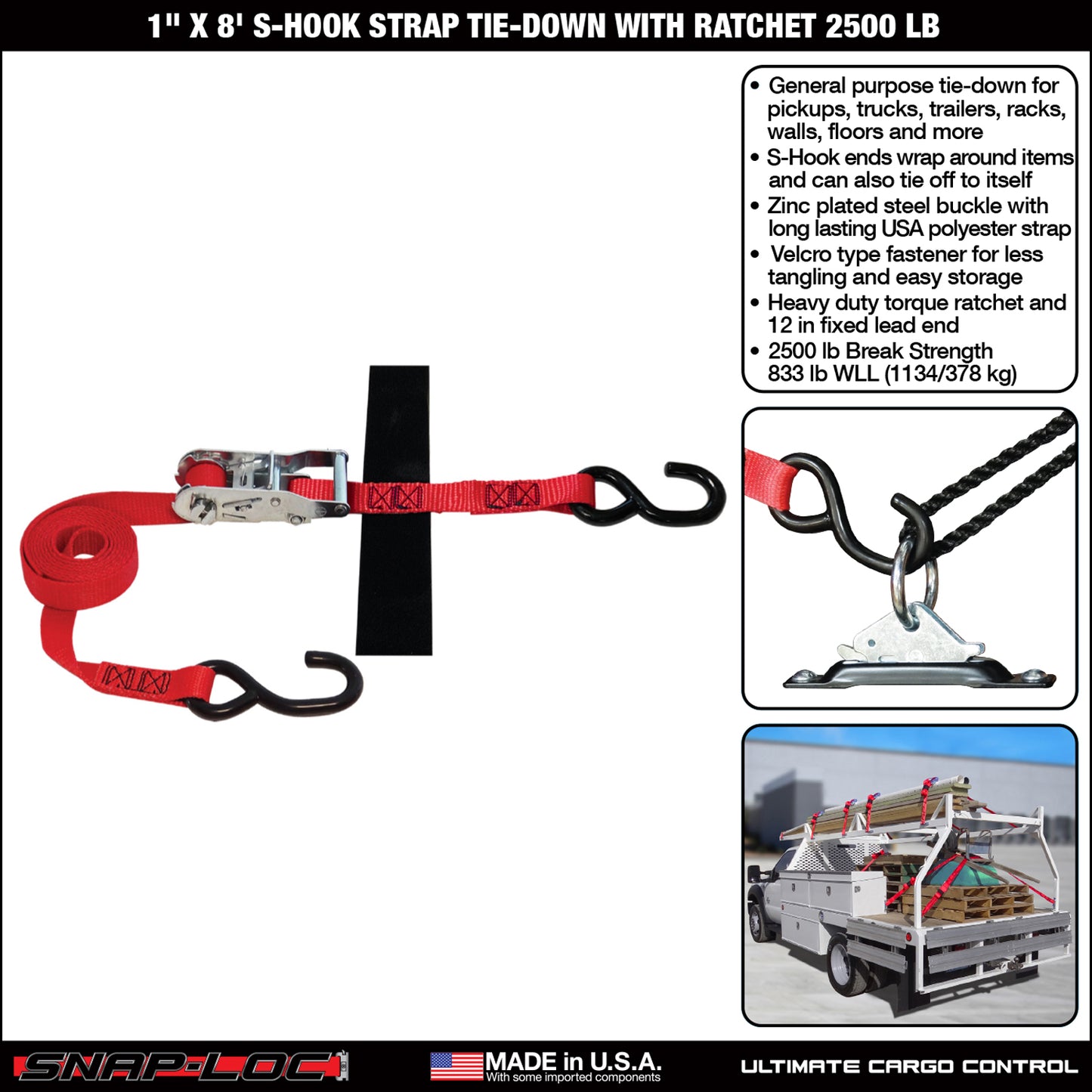 Snap-Loc 1 in x 8 ft S-Hook Ratchet Strap – 2,500 lb – 2-Pack