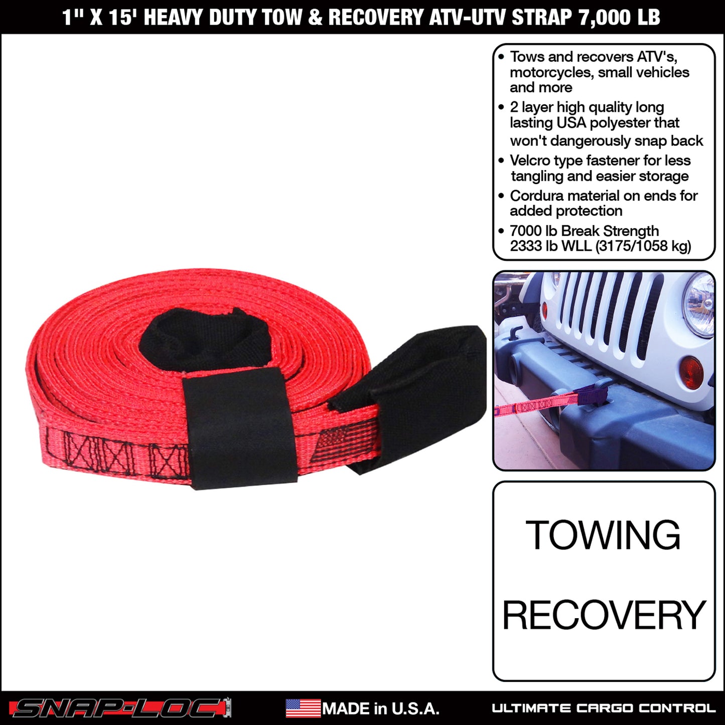 Snap-Loc 1 in x 15 ft Tow Recovery Strap – 7,000 lb