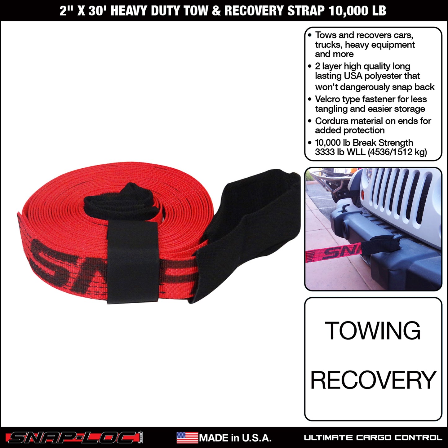 Snap-Loc 2 in x 30 ft Tow Recovery Strap – 10,000 lb