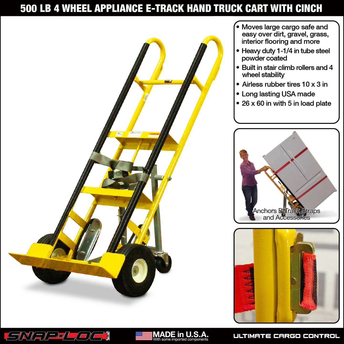 E-Track Hand Truck – 500 lb Capacity with Cinch Strap, 10” Flat-Free Tires and Fold-Down Swivel Casters
