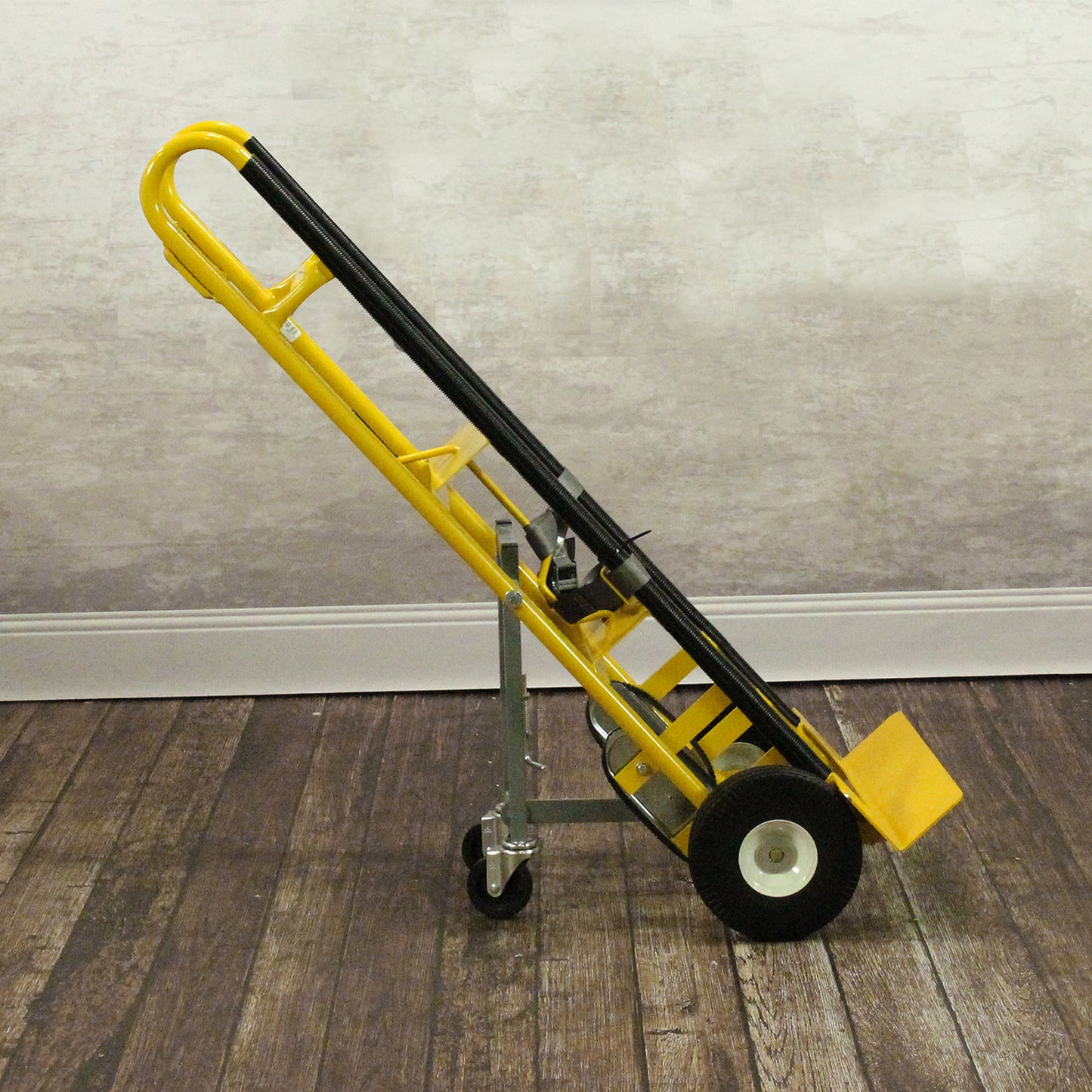 E-Track Hand Truck – 500 lb Capacity with Cinch Strap, 10” Flat-Free Tires and Fold-Down Swivel Casters