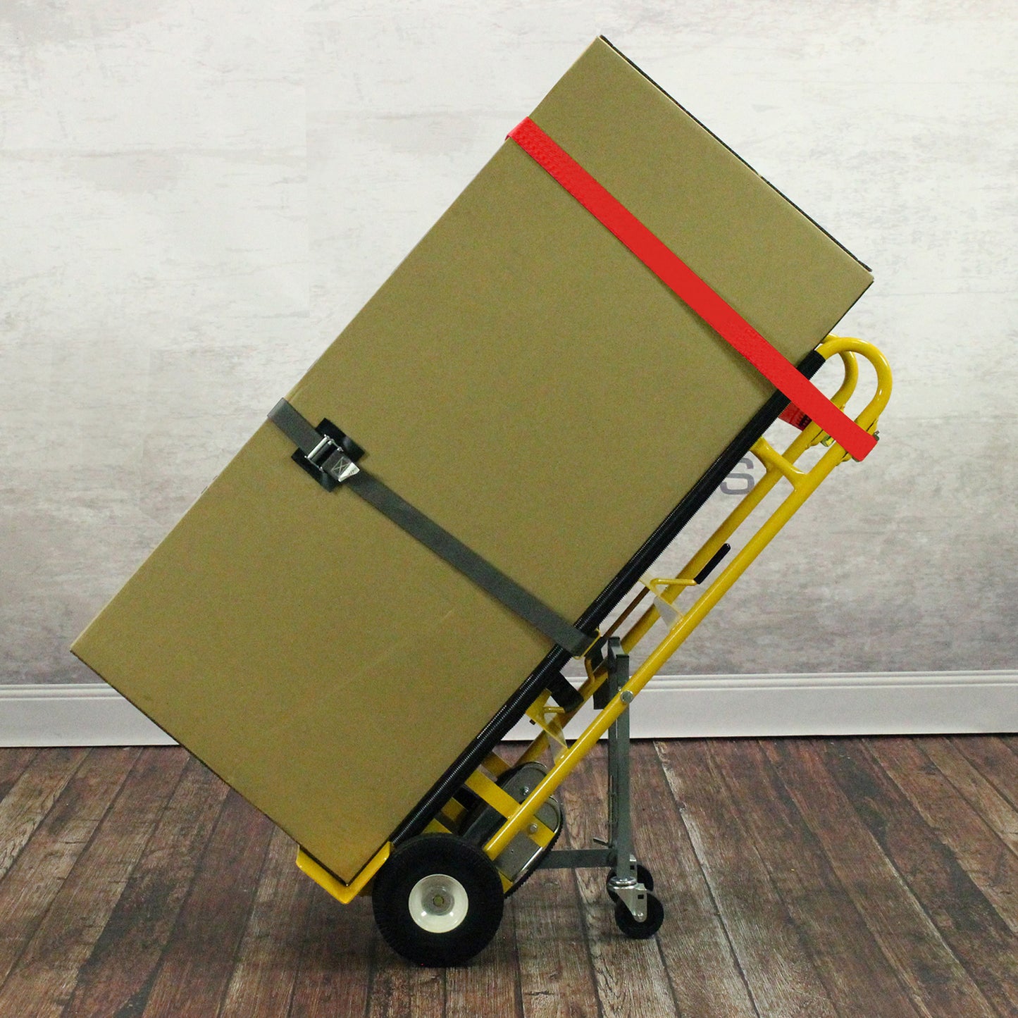 E-Track Hand Truck – 500 lb Capacity with Cinch Strap, 10” Flat-Free Tires and Fold-Down Swivel Casters