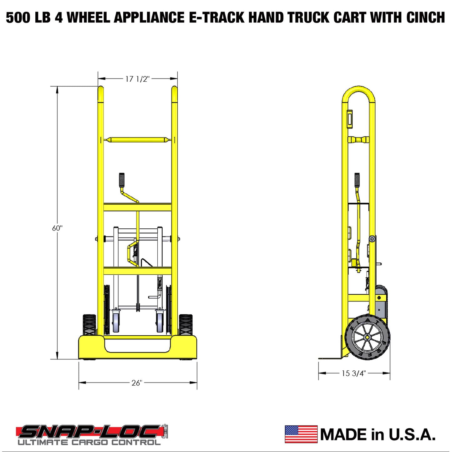 E-Track Hand Truck – 500 lb Capacity with Cinch Strap, 10” Flat-Free Tires and Fold-Down Swivel Casters