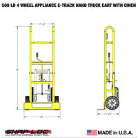 E-Track Hand Truck – 500 lb Capacity with Cinch Strap, 10” Flat-Free Tires and Fold-Down Swivel Casters
