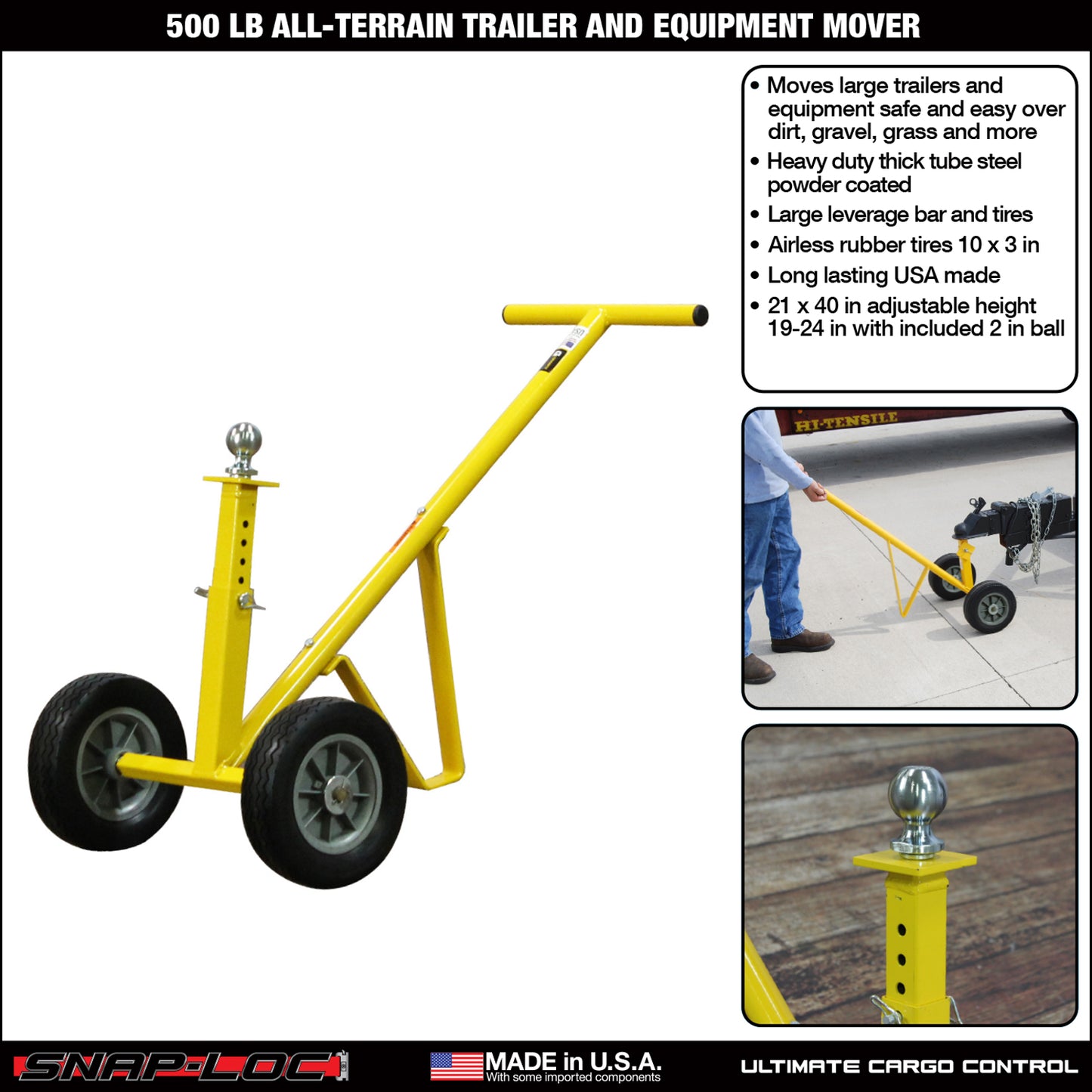 Trailer & Equipment Mover – All-Terrain, 500 lb Capacity with Adjustable Height Ball and 10” Flat-Free Tires