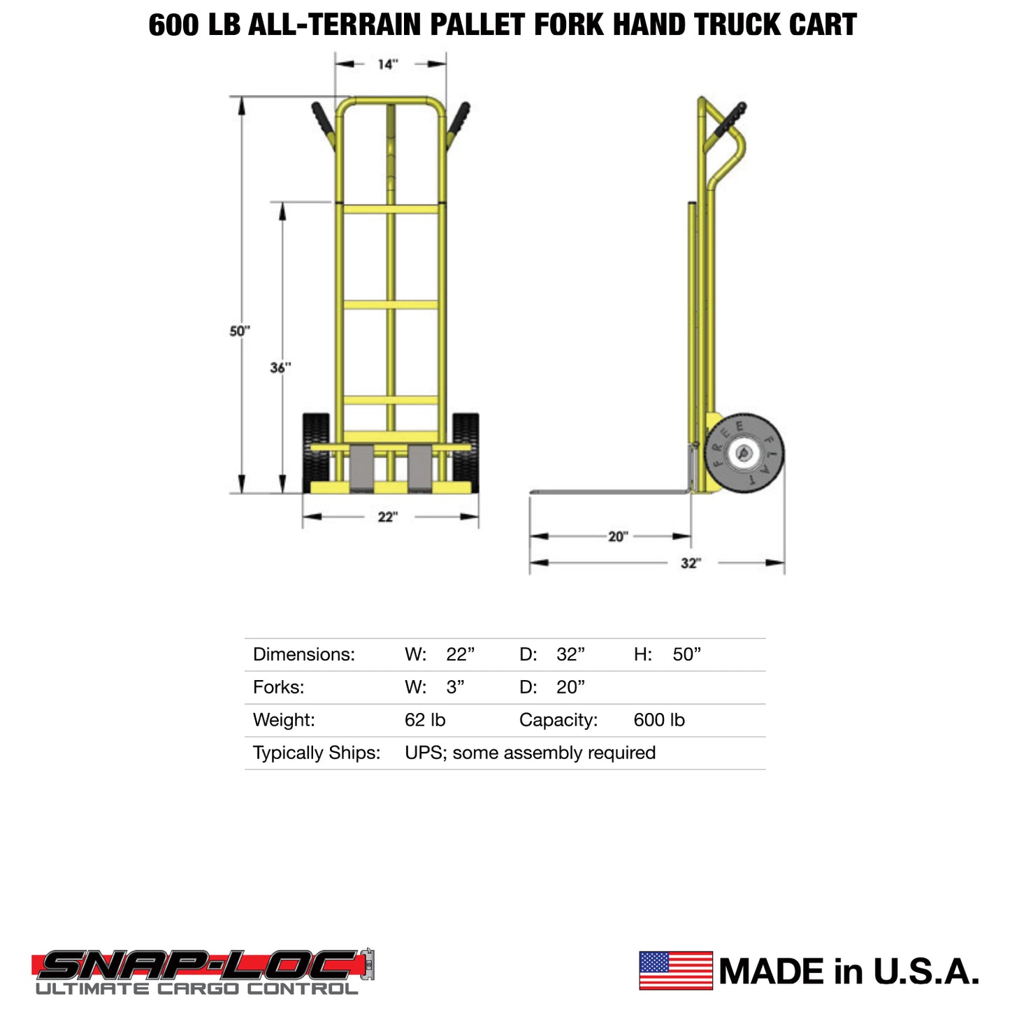 All-Terrain Hand Truck – 600 lb Capacity with Adjustable Pallet Forks and 10” Flat-Free Tires