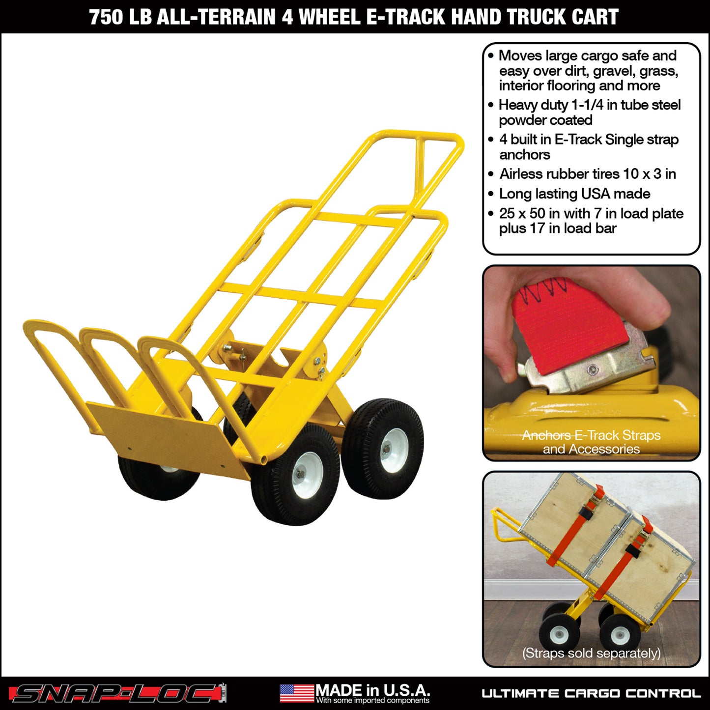 E-Track Hand Truck – All-Terrain, 750 lb Capacity with Load Bar and 4-Wheel 10” Flat-Free Tires