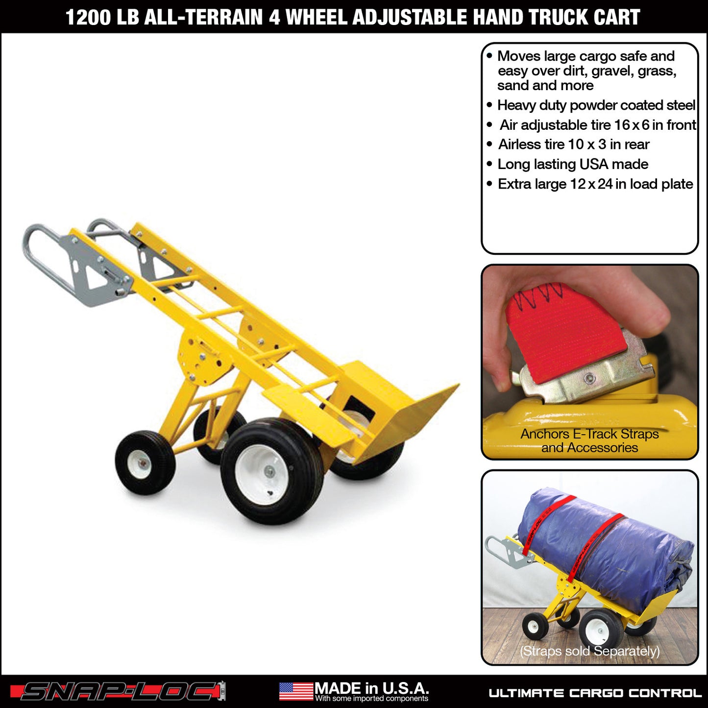 E-Track Hand Truck – All-Terrain, 1,200 lb Capacity with 16” Trailer Tires and 10” Flat-Free Support Tires