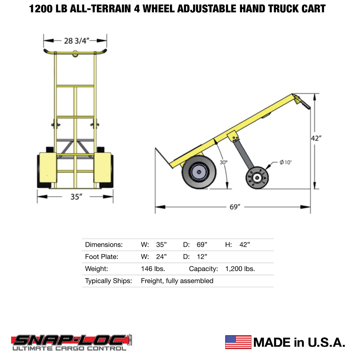E-Track Hand Truck – All-Terrain, 1,200 lb Capacity with 16” Trailer Tires and 10” Flat-Free Support Tires