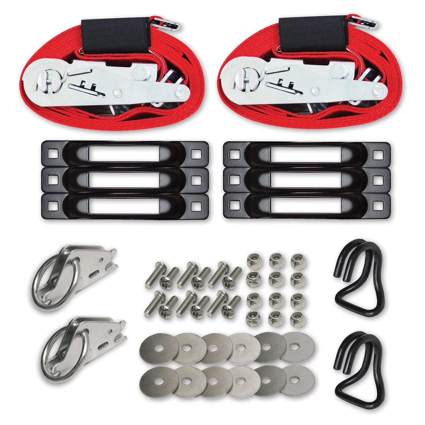Snap-Loc six-pack E-Track Anchor Kit with 2-inch x 16-foot ratchet straps, ring hooks and 4,400 lb break strength.