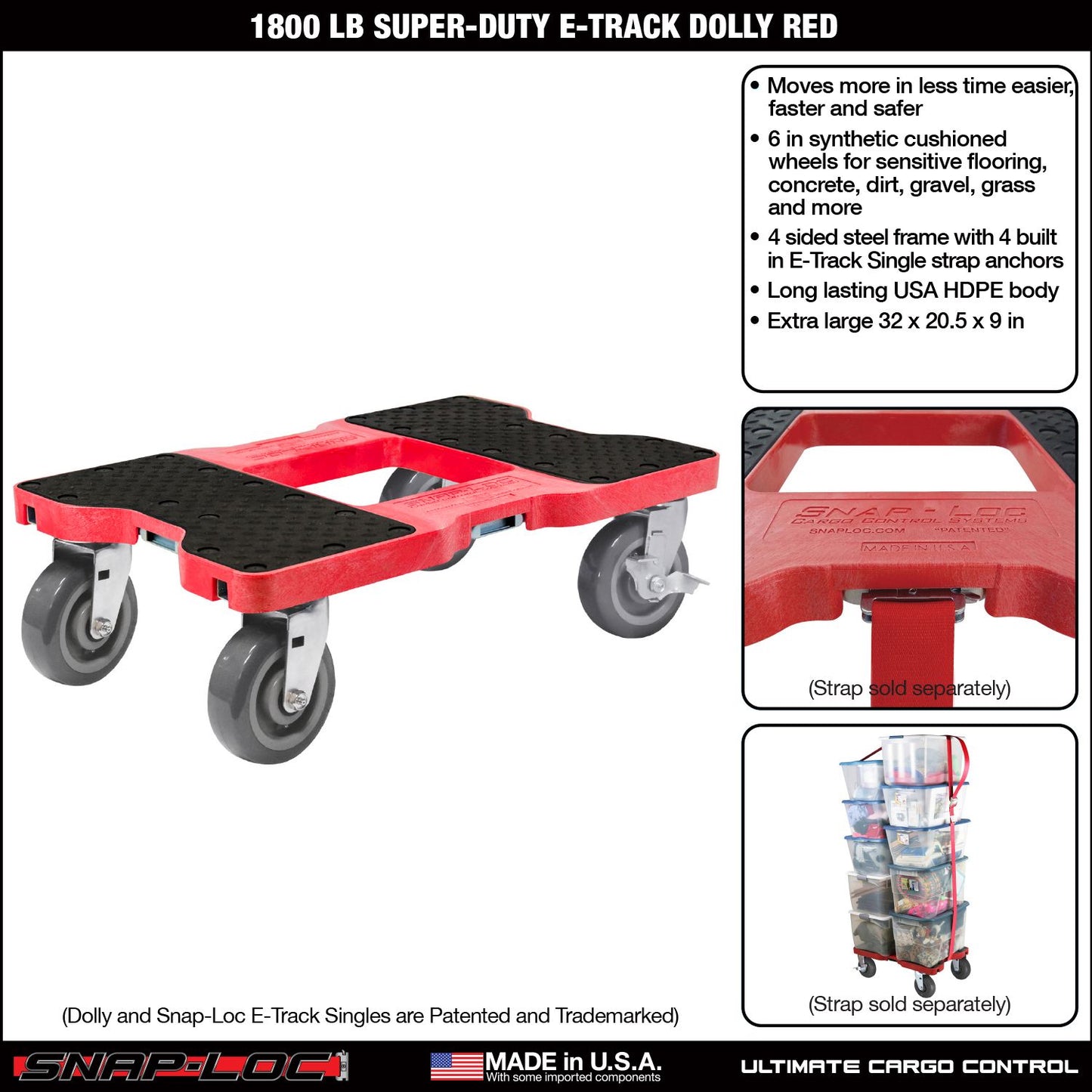 Snap-Loc E-Track Dolly – Super-Duty, 1,800 lb Capacity with 6” Polyurethane Swivel Casters - Red