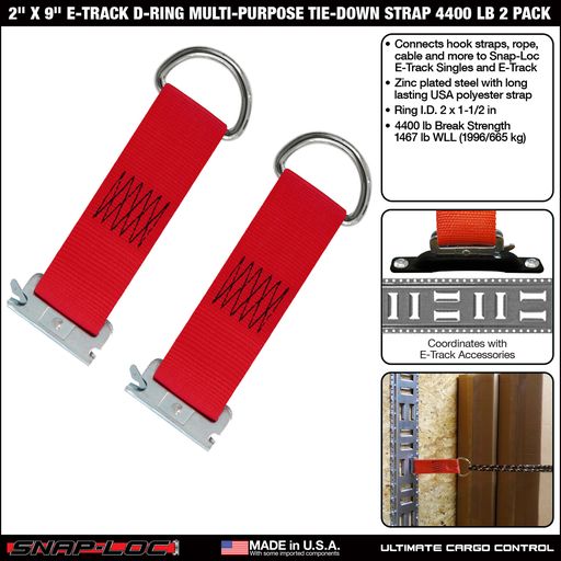 Snap-Loc 2” x 9” E-Track D-Ring Strap – 4,400 lb – 2-Pack