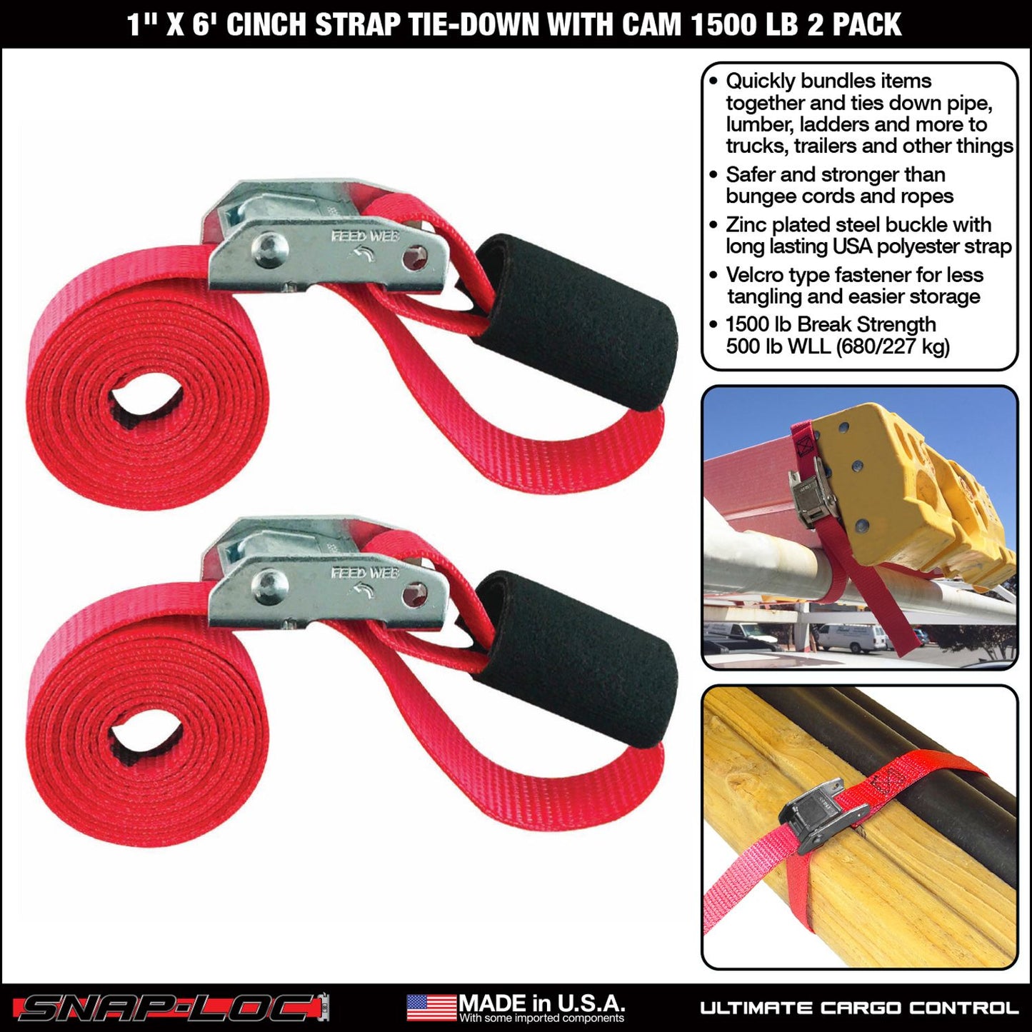Snap-Loc 1 in x 6 ft Cinch Cam Strap – 1,500 lb – 2-Pack