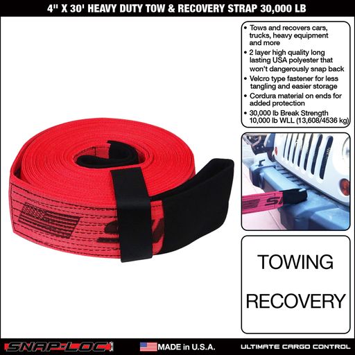 SNAP-LOC 4 in x 30 ft Heavy Duty Tow Recovery Strap 30,000 lb